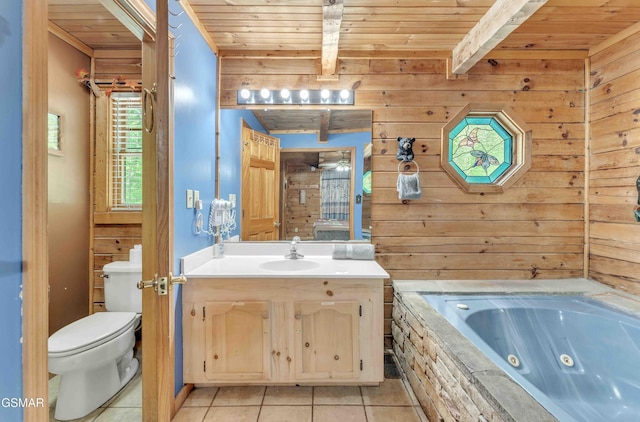bathroom featuring wood ceiling, tile patterned flooring, wood walls, and toilet