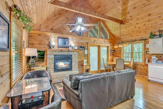 living area with wooden ceiling, a fireplace, wood walls, and beam ceiling