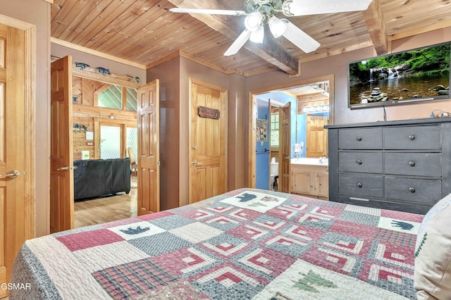 bedroom featuring crown molding, ceiling fan, wood ceiling, and wood finished floors