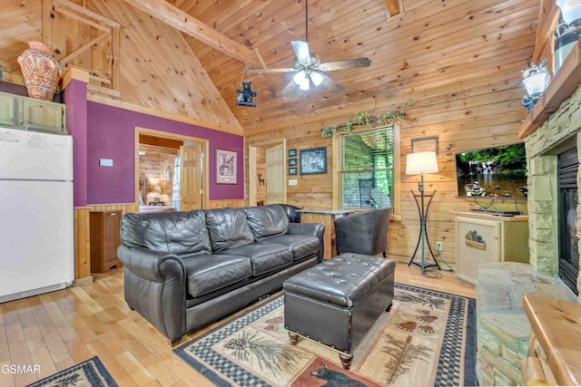 living area with ceiling fan, light wood-type flooring, wooden ceiling, high vaulted ceiling, and wooden walls