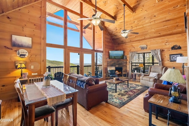 living area with beam ceiling, wood walls, a stone fireplace, and light wood finished floors