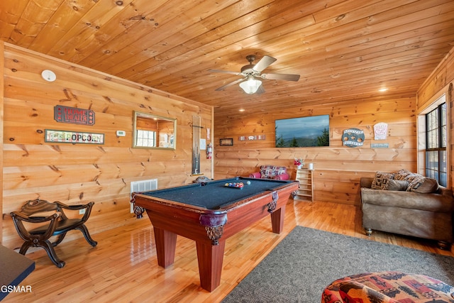 game room with pool table, wood walls, wooden ceiling, and wood finished floors