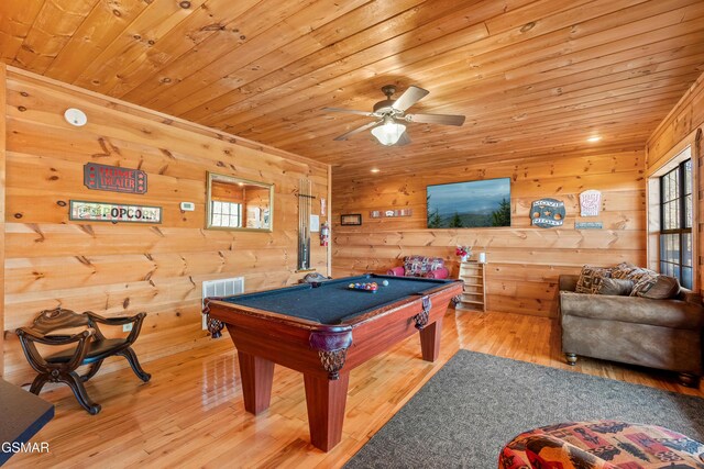 playroom with wooden ceiling, wooden walls, pool table, wood finished floors, and a ceiling fan