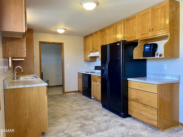 188 Riviera Dr, Newport, TN 37821 - kitchen featuring a sink, light countertops, black fridge with ice dispenser, and range with electric stovetop
