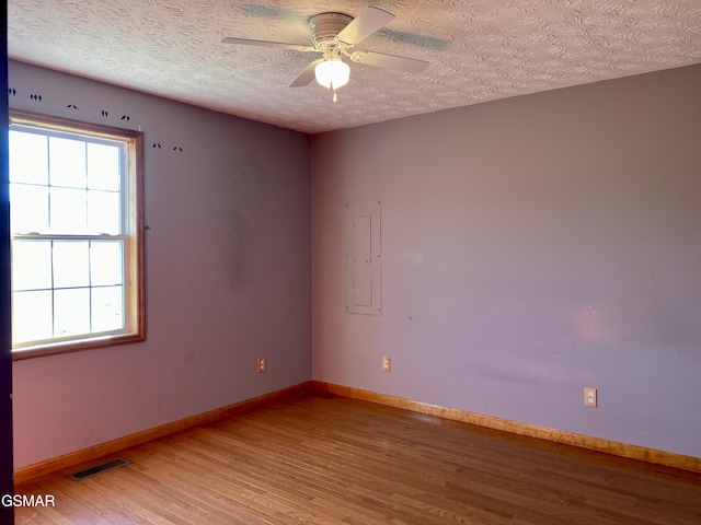 188 Riviera Dr, Newport, TN 37821 - spare room with light wood-style floors, ceiling fan, a textured ceiling, electric panel, and visible vents