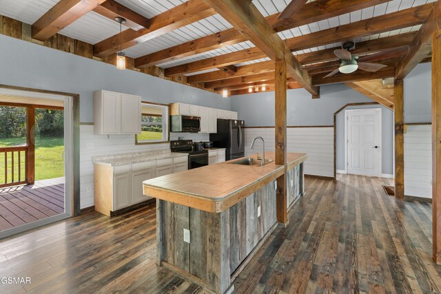 2560 Schisandra Ln, Cosby, TN 37722 - kitchen with black appliances, dark wood-style flooring, white cabinetry, ceiling fan, and a wainscoted wall