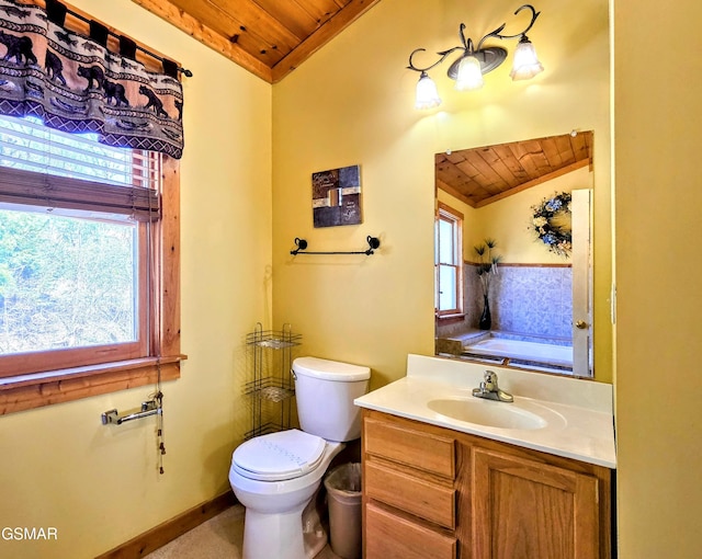 bathroom with vanity, baseboards, toilet, lofted ceiling, and wood ceiling