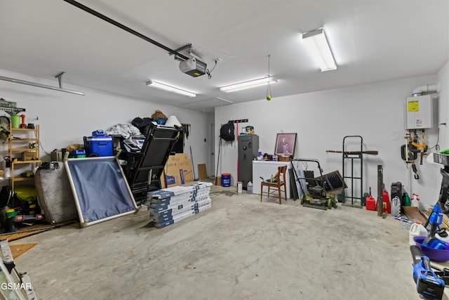 garage featuring tankless water heater and a garage door opener