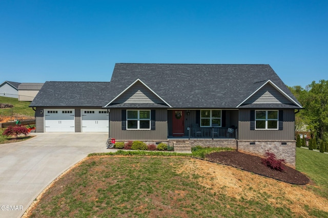2045 Kings View Loop, Seymour, TN 37865 - ranch-style house featuring a front lawn, concrete driveway, an attached garage, crawl space, and a porch