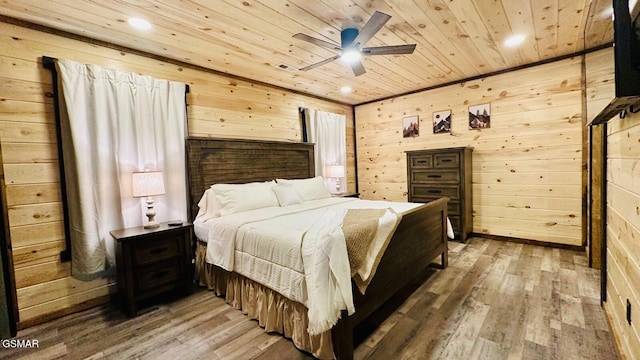 1504 Ginnys Trl, Sevierville, TN 37876 - bedroom with wooden ceiling, wood walls, light wood-style flooring, recessed lighting, and a ceiling fan