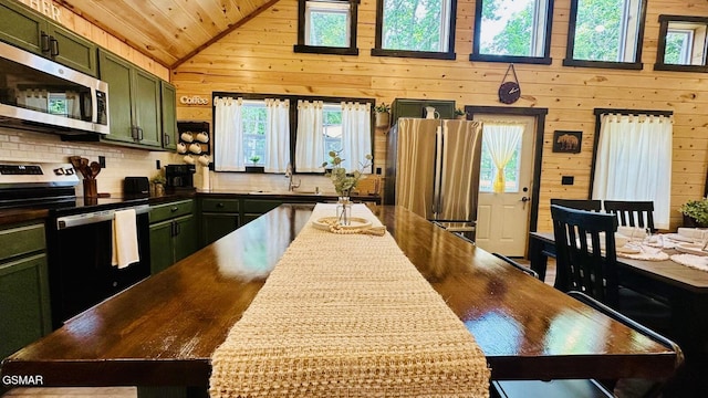 1504 Ginnys Trl, Sevierville, TN 37876 - kitchen with green cabinetry, appliances with stainless steel finishes, wood walls, tasteful backsplash, and wooden ceiling