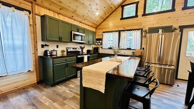 1504 Ginnys Trl, Sevierville, TN 37876 - kitchen featuring green cabinetry, appliances with stainless steel finishes, wooden walls, wood ceiling, and light wood-style floors