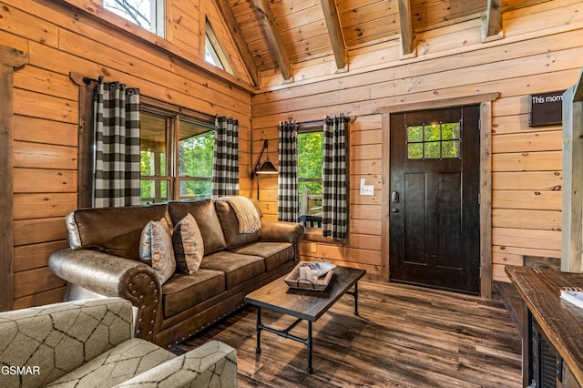 1606 Dove Wing Way, Sevierville, TN 37862 - living area with a wood ceiling with exposed beams, wood walls, dark wood-style floors, and high vaulted ceiling