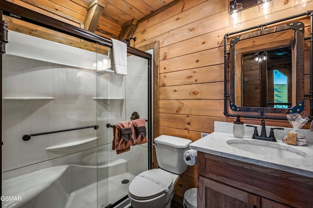 1606 Dove Wing Way, Sevierville, TN 37862 - bathroom with wood walls, vanity, a stall shower, and wooden ceiling