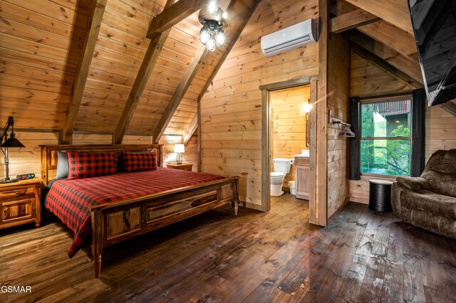 1606 Dove Wing Way, Sevierville, TN 37862 - bedroom featuring a wall mounted AC, dark wood finished floors, wood walls, wood ceiling, and ensuite bath