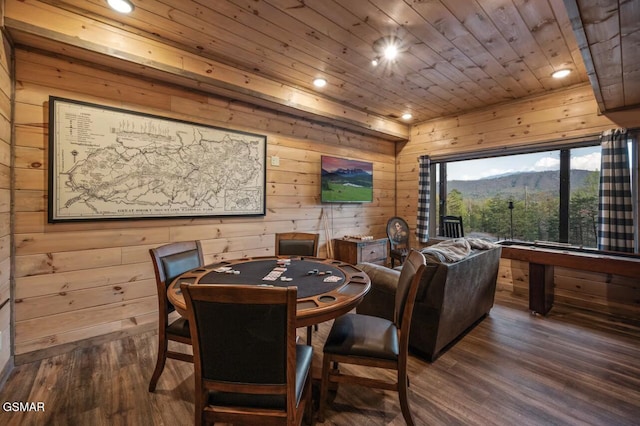 1606 Dove Wing Way, Sevierville, TN 37862 - dining area with dark wood-style floors, wooden walls, recessed lighting, and wood ceiling