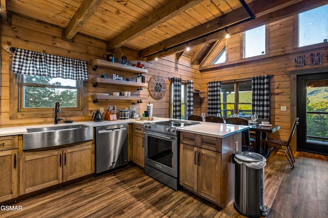 1606 Dove Wing Way, Sevierville, TN 37862 - kitchen featuring stainless steel appliances, wood ceiling, dark wood-style floors, a peninsula, and wood walls