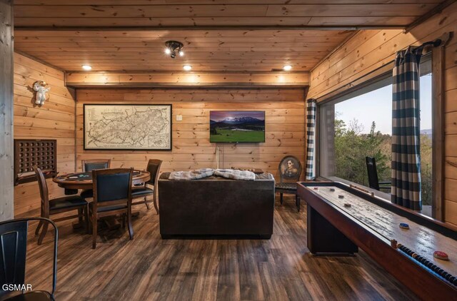 1606 Dove Wing Way, Sevierville, TN 37862 - living area featuring wood ceiling, wooden walls, and dark wood finished floors