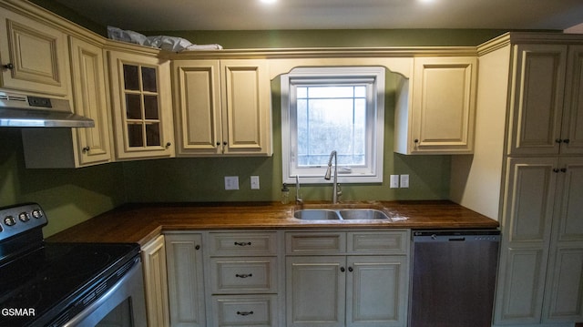 kitchen with butcher block counters, sink, and appliances with stainless steel finishes