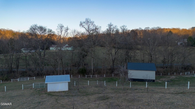 view of yard with a storage unit and a rural view