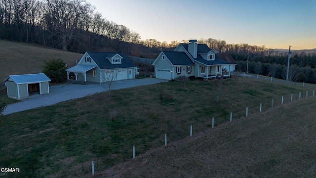 view of aerial view at dusk