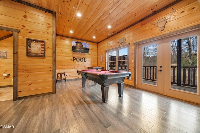 playroom with wood ceiling, pool table, french doors, and hardwood / wood-style flooring