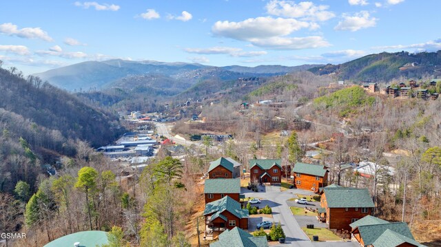 drone / aerial view featuring a mountain view