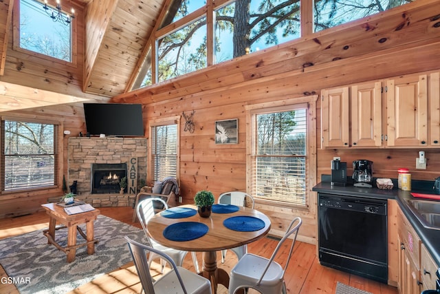 dining room with wood walls, light hardwood / wood-style floors, wood ceiling, high vaulted ceiling, and a stone fireplace