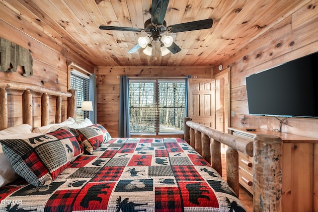 bedroom featuring ceiling fan, wooden walls, and wooden ceiling