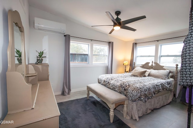 bedroom with ceiling fan, an AC wall unit, and lofted ceiling