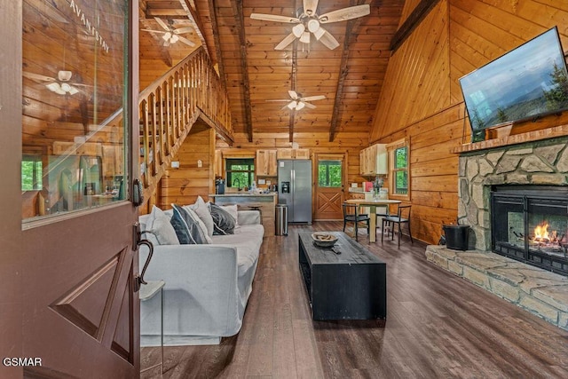 4372 Boogertown Rd Unit 1, Sevierville, TN 37876 - living room with wooden walls, ceiling fan, dark wood-style flooring, wooden ceiling, and a fireplace