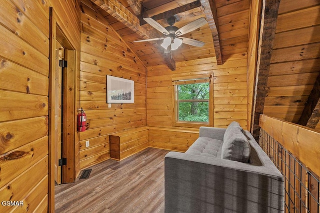 4372 Boogertown Rd Unit 1, Sevierville, TN 37876 - sitting room featuring wood ceiling, wood finished floors, wood walls, and ceiling fan