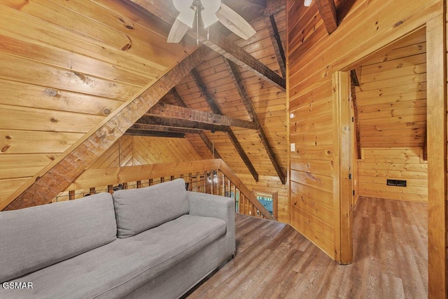4372 Boogertown Rd Unit 1, Sevierville, TN 37876 - living room featuring wood ceiling, wooden walls, wood finished floors, and ceiling fan