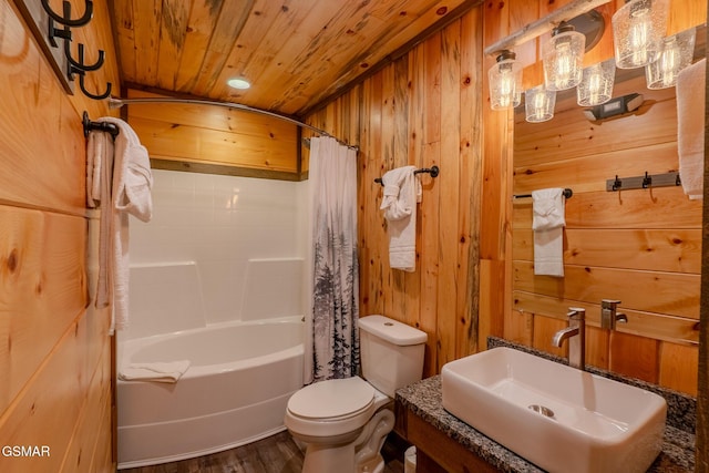 2414 Hackberry Dr, Sevierville, TN 37862 - full bath with wood ceiling, wood walls, wood finished floors, and shower / bath combination with curtain