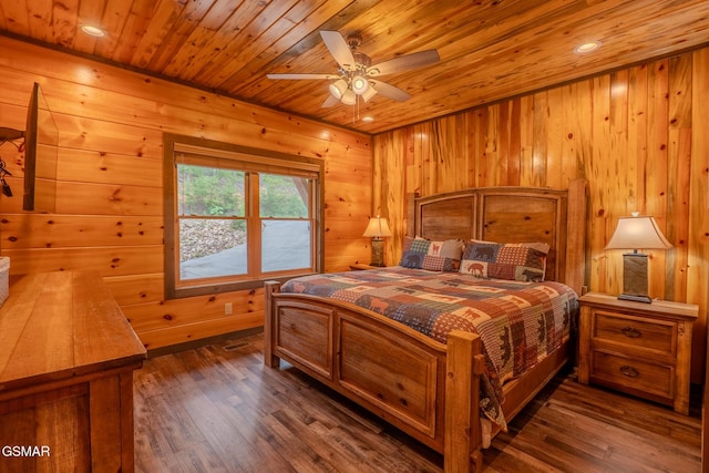 2414 Hackberry Dr, Sevierville, TN 37862 - bedroom featuring wood ceiling, dark wood-style flooring, and wood walls