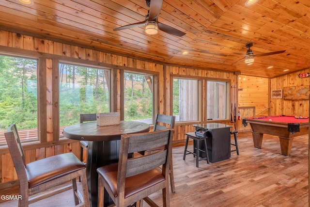 2414 Hackberry Dr, Sevierville, TN 37862 - dining area featuring a ceiling fan, wood walls, wooden ceiling, billiards, and light wood-style flooring