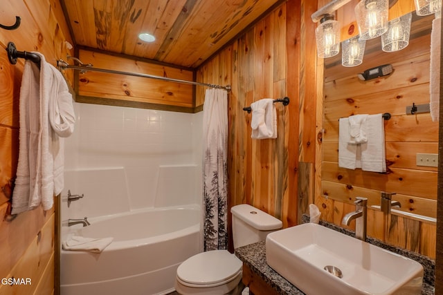 2414 Hackberry Dr, Sevierville, TN 37862 - bathroom featuring wood walls, shower / tub combo with curtain, and wood ceiling