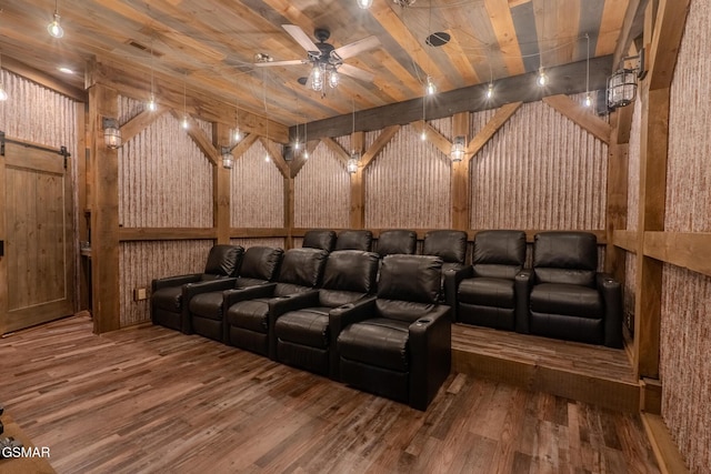 2414 Hackberry Dr, Sevierville, TN 37862 - home theater with wood finished floors, a barn door, ceiling fan, wood ceiling, and wallpapered walls