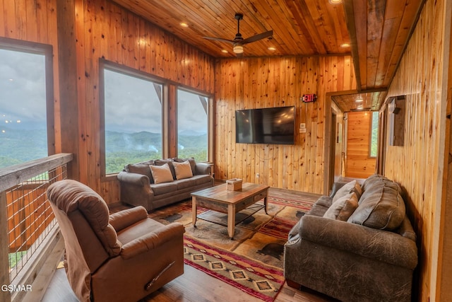 2414 Hackberry Dr, Sevierville, TN 37862 - living area featuring wooden ceiling, wood walls, a ceiling fan, and wood finished floors