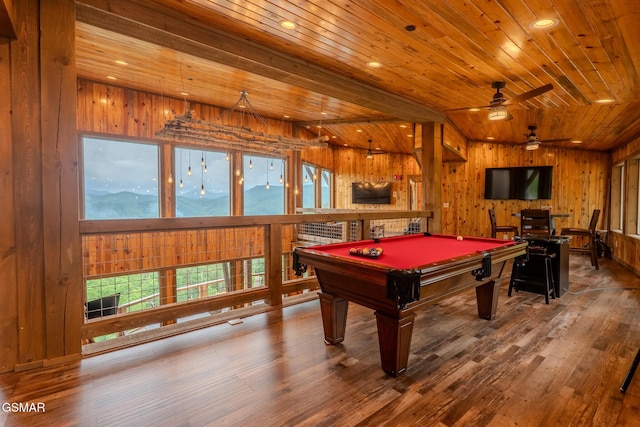 2414 Hackberry Dr, Sevierville, TN 37862 - recreation room with wooden ceiling, wood finished floors, pool table, wooden walls, and ceiling fan