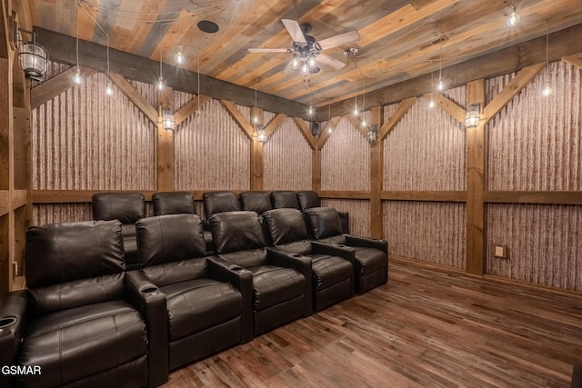 2414 Hackberry Dr, Sevierville, TN 37862 - home theater room featuring wallpapered walls, wood finished floors, ceiling fan, and wood ceiling