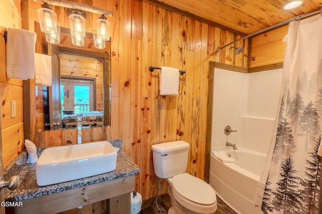 2414 Hackberry Dr, Sevierville, TN 37862 - full bath featuring wooden walls, shower / bath combination with curtain, vanity, wood ceiling, and wood finished floors