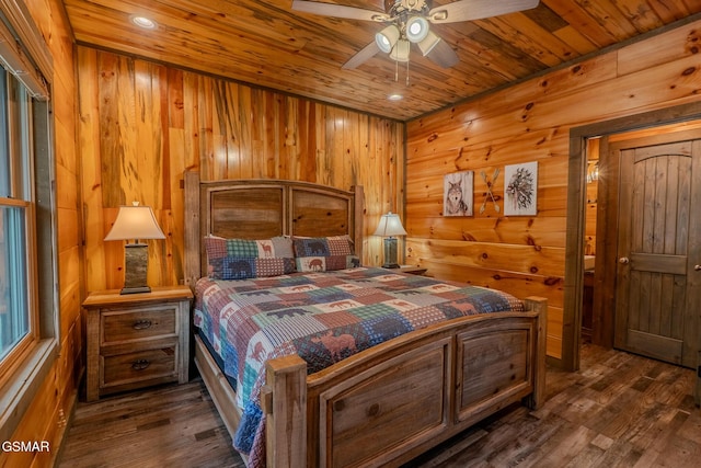 2414 Hackberry Dr, Sevierville, TN 37862 - bedroom with wood ceiling, dark wood-style floors, wood walls, and recessed lighting