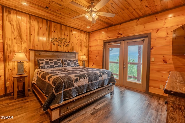 2414 Hackberry Dr, Sevierville, TN 37862 - bedroom with access to outside, wood walls, wood-type flooring, wood ceiling, and french doors