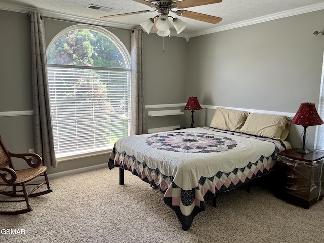 1018 Southwind Cir, Dandridge, TN 37725 - carpeted bedroom with crown molding, a textured ceiling, and ceiling fan