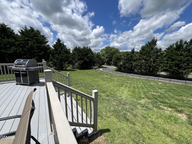 1018 Southwind Cir, Dandridge, TN 37725 - view of green lawn featuring a wooden deck and view of wooded area