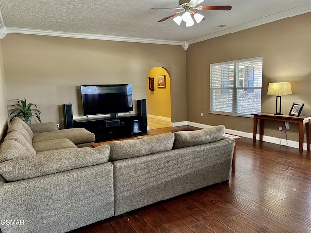 1018 Southwind Cir, Dandridge, TN 37725 - living room with arched walkways, hardwood / wood-style floors, a ceiling fan, crown molding, and a textured ceiling