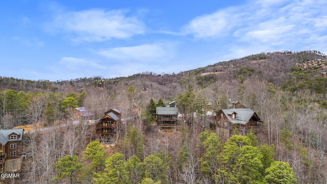 birds eye view of property featuring a forest view