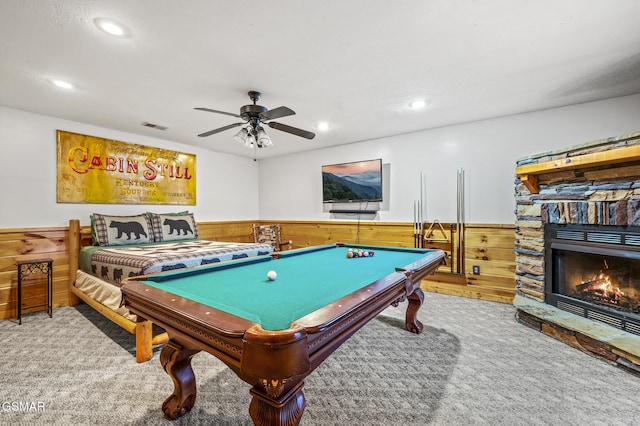 game room with recessed lighting, carpet, wainscoting, and visible vents