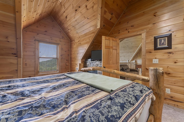 carpeted bedroom featuring wooden walls and wood ceiling